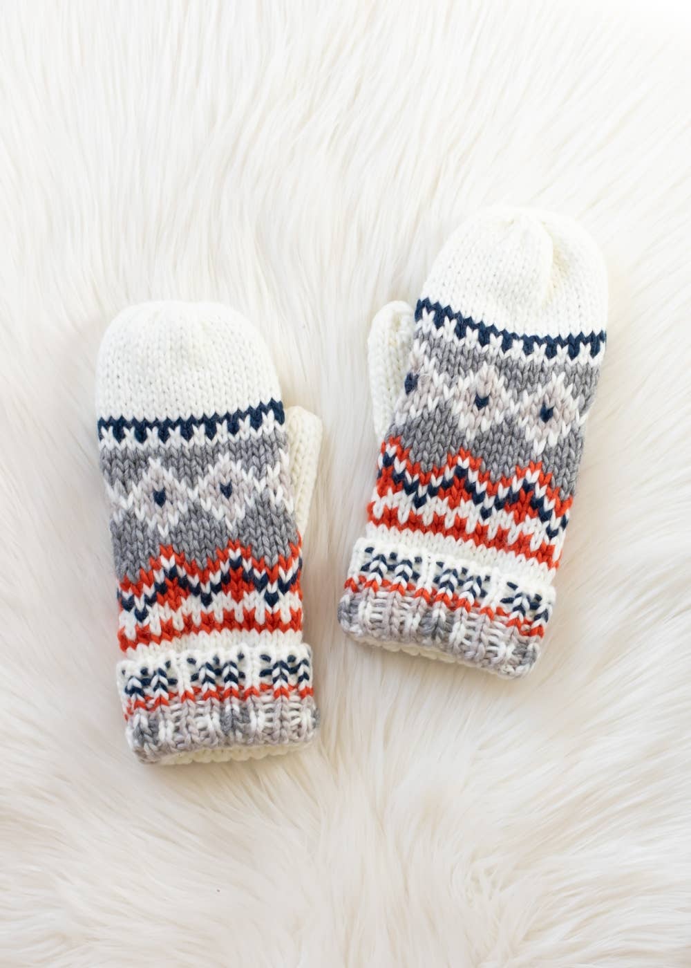 White, Navy & Orange Pattern Mittens