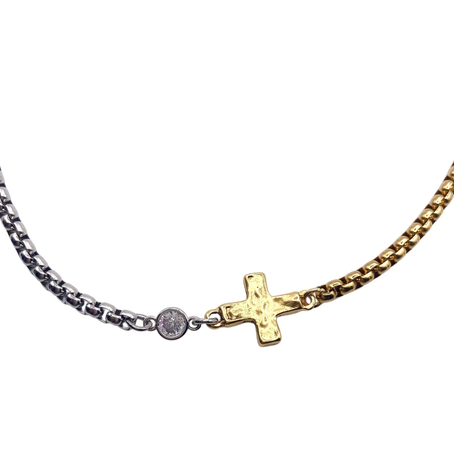 Two-Tone Mixed Metal Hammered Cross Necklace