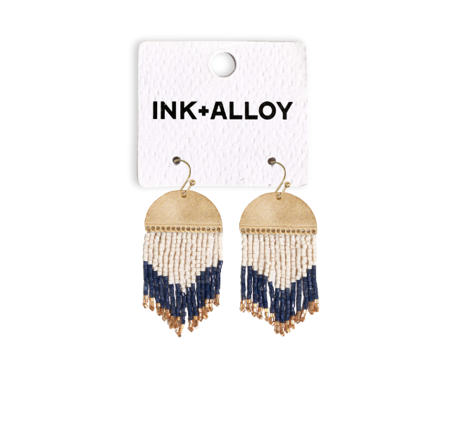 Claudia Curved Pattern Fringe Earrings - Navy