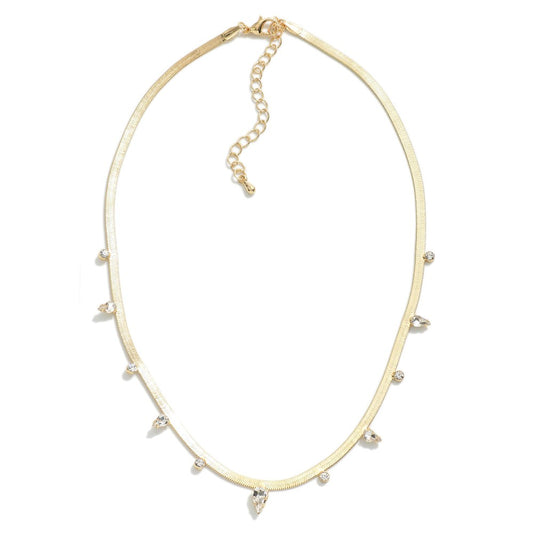 Herringbone Necklace w/Crystals-Gold