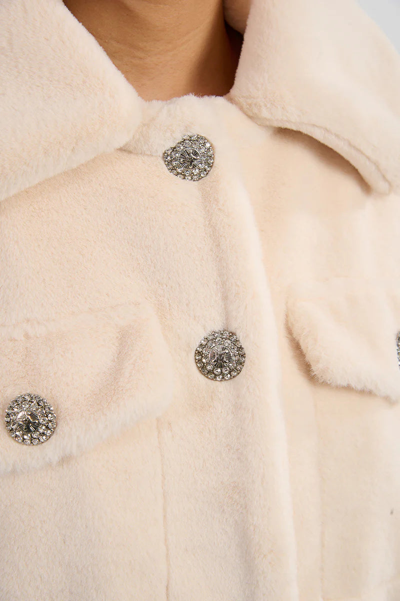 Faux Fur Crystal Button Jacket