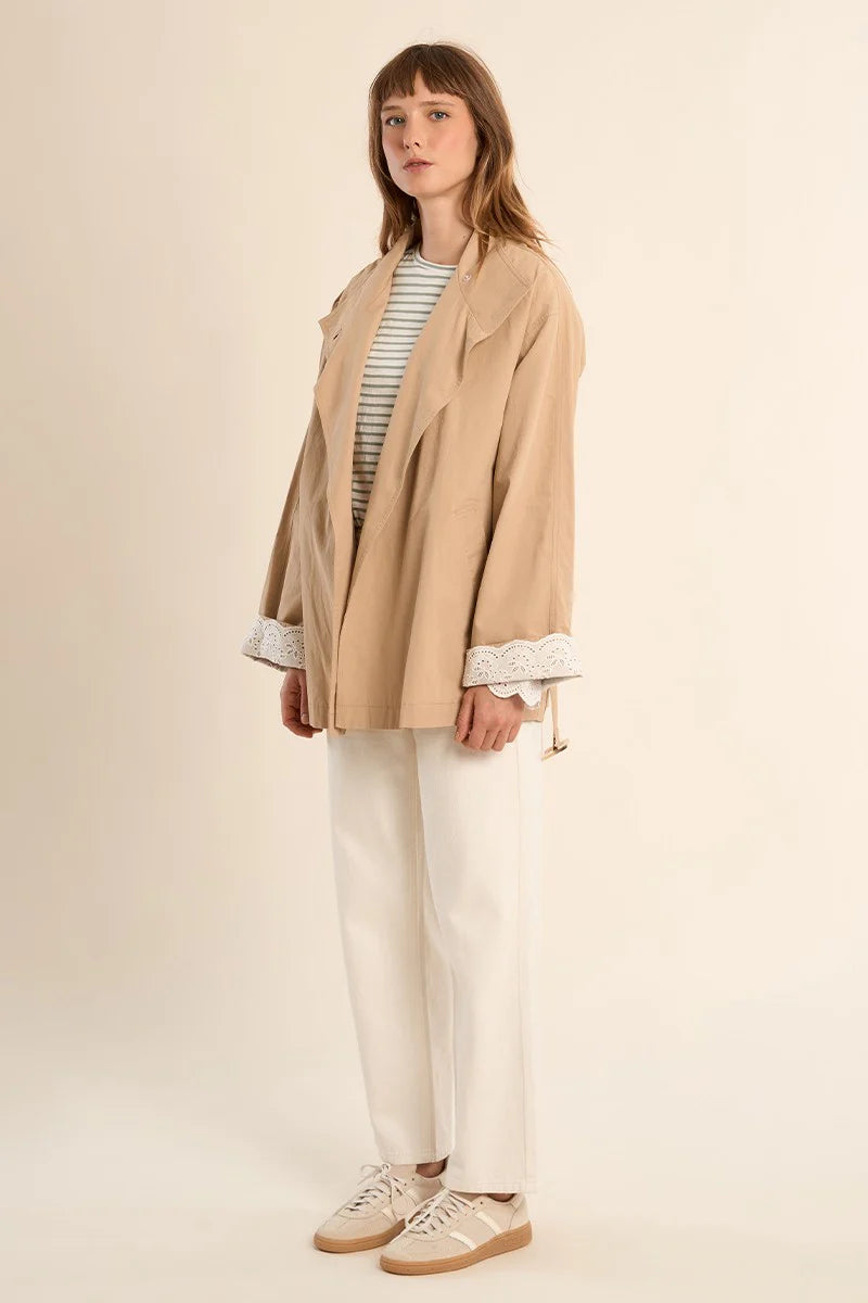 Embroidered Cuff Short Trench Coat