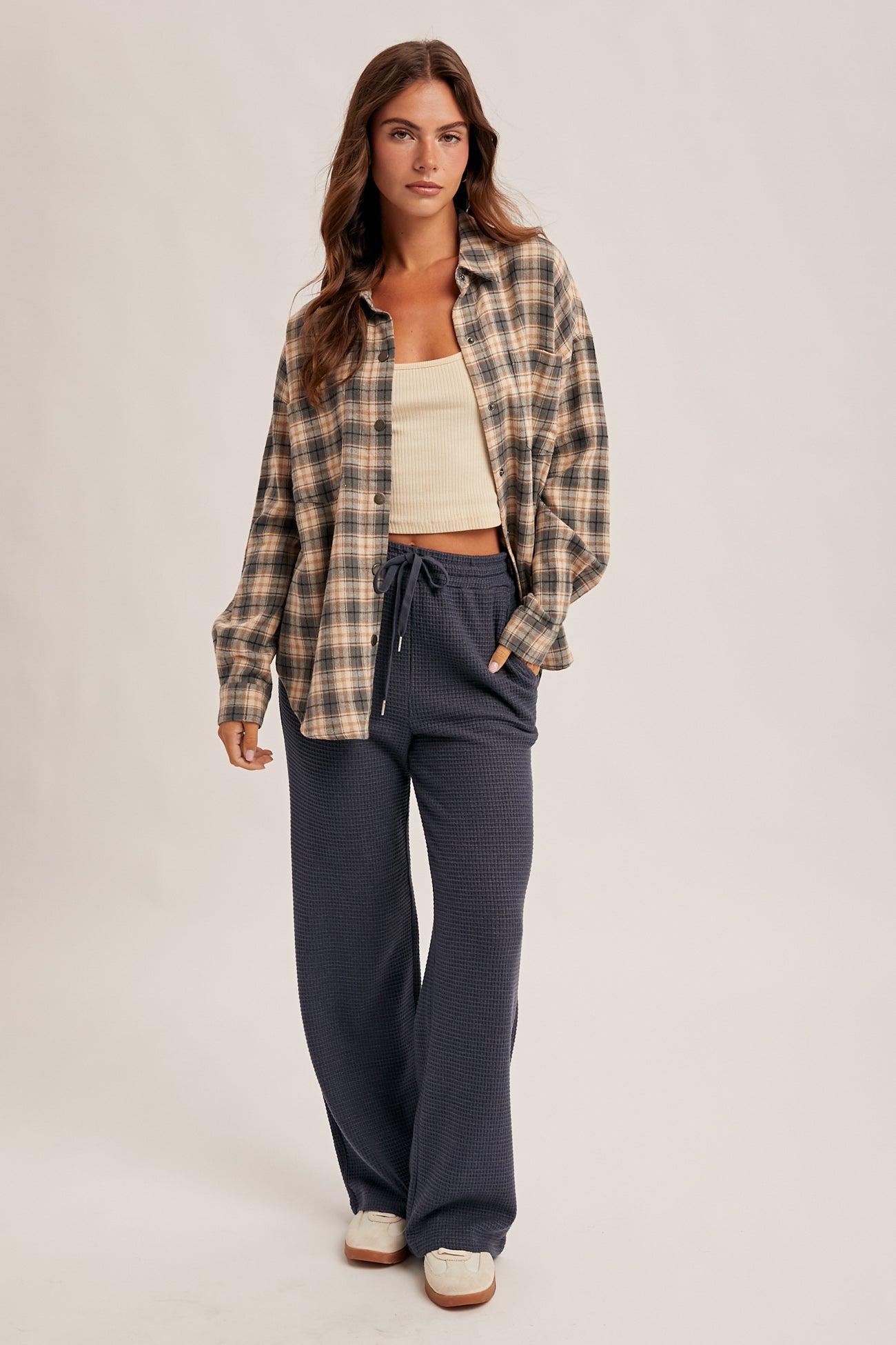 Waffle Knit Elastic Waist Wide Leg Pants