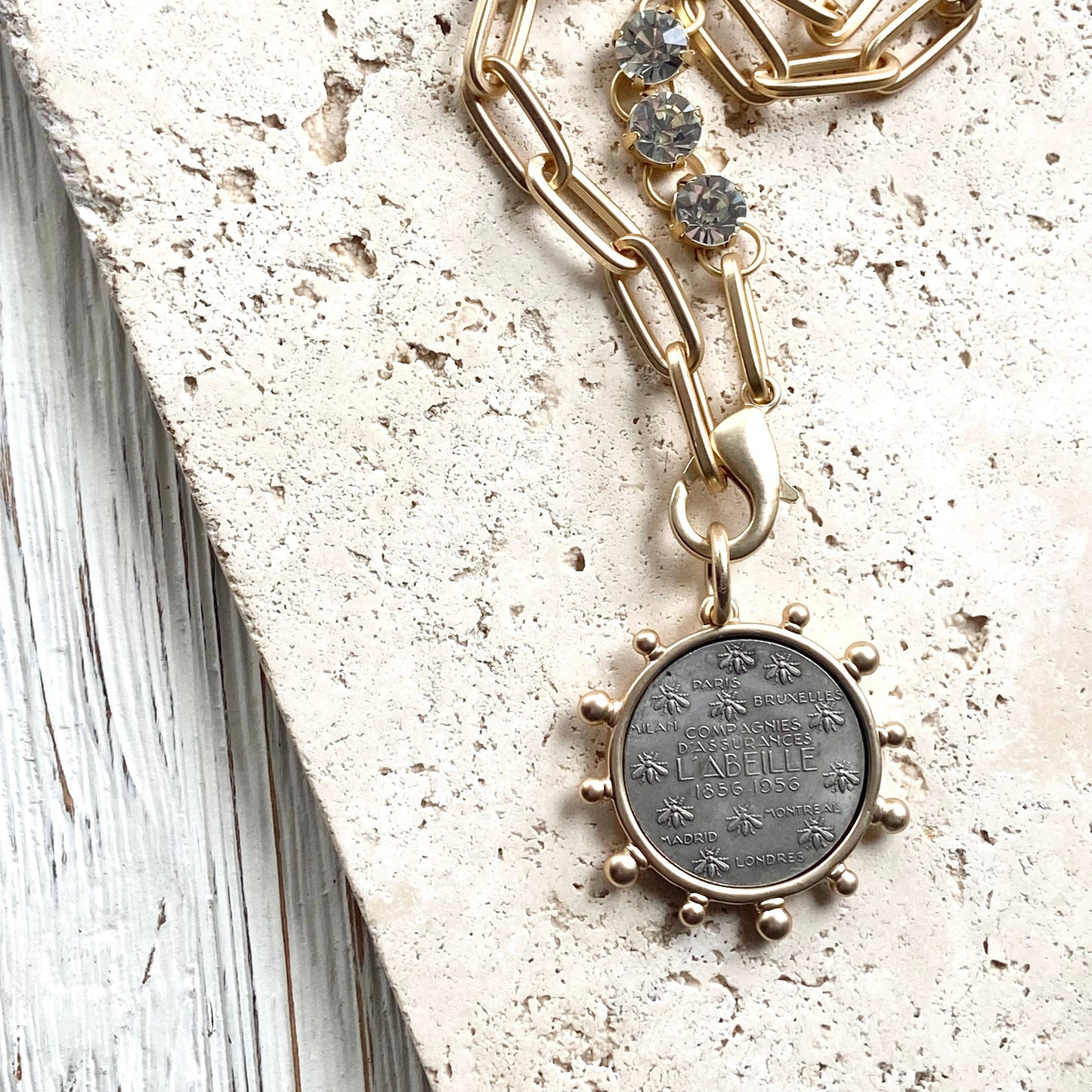 French Bee Coin Sparkly Crystal Necklace