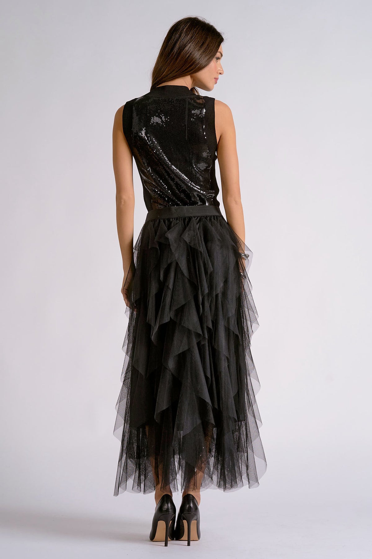 Tiered Tulle Ruffle Midi Skirt