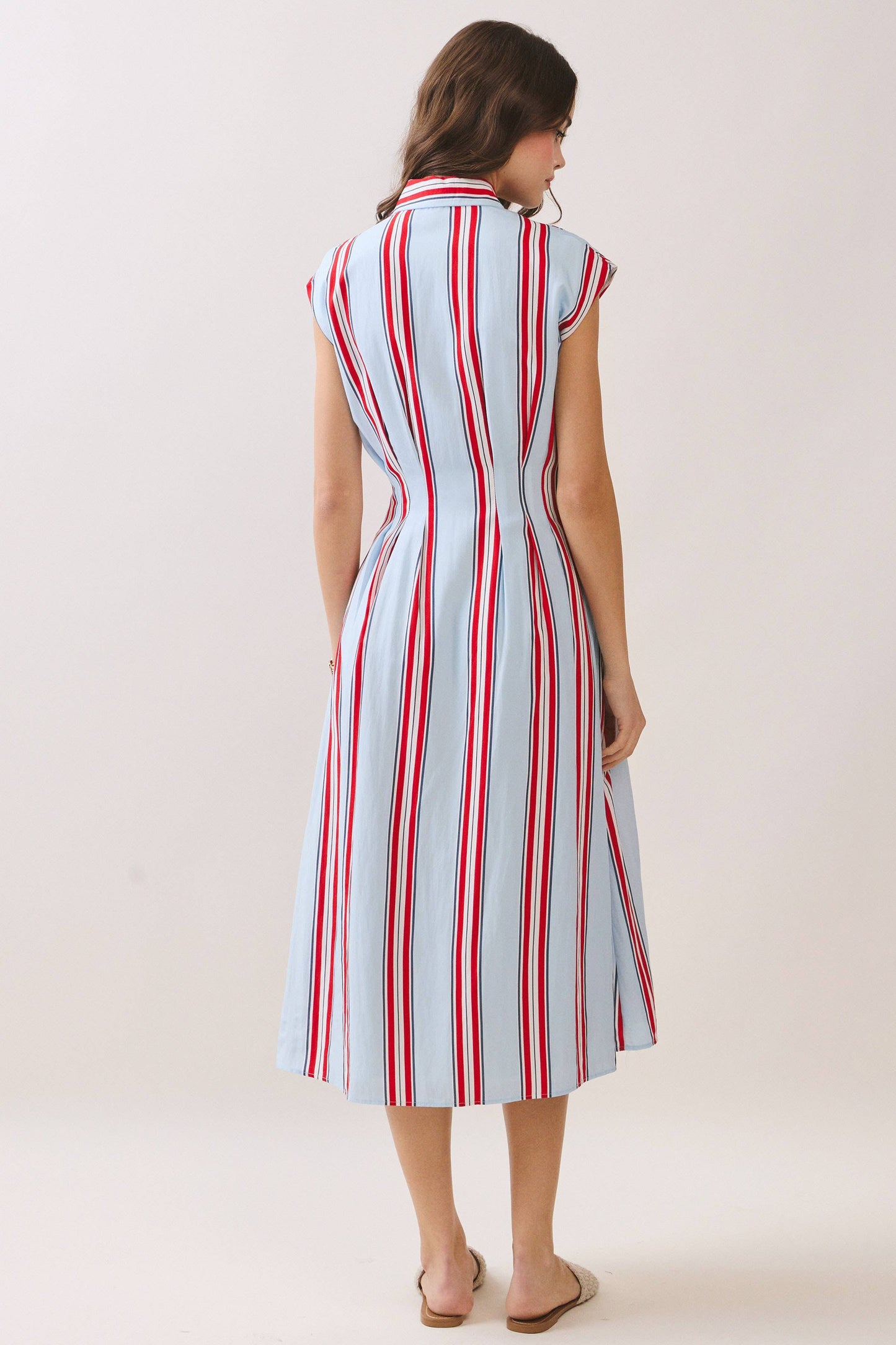 Fitted Bodice Striped Button Down Midi Dress