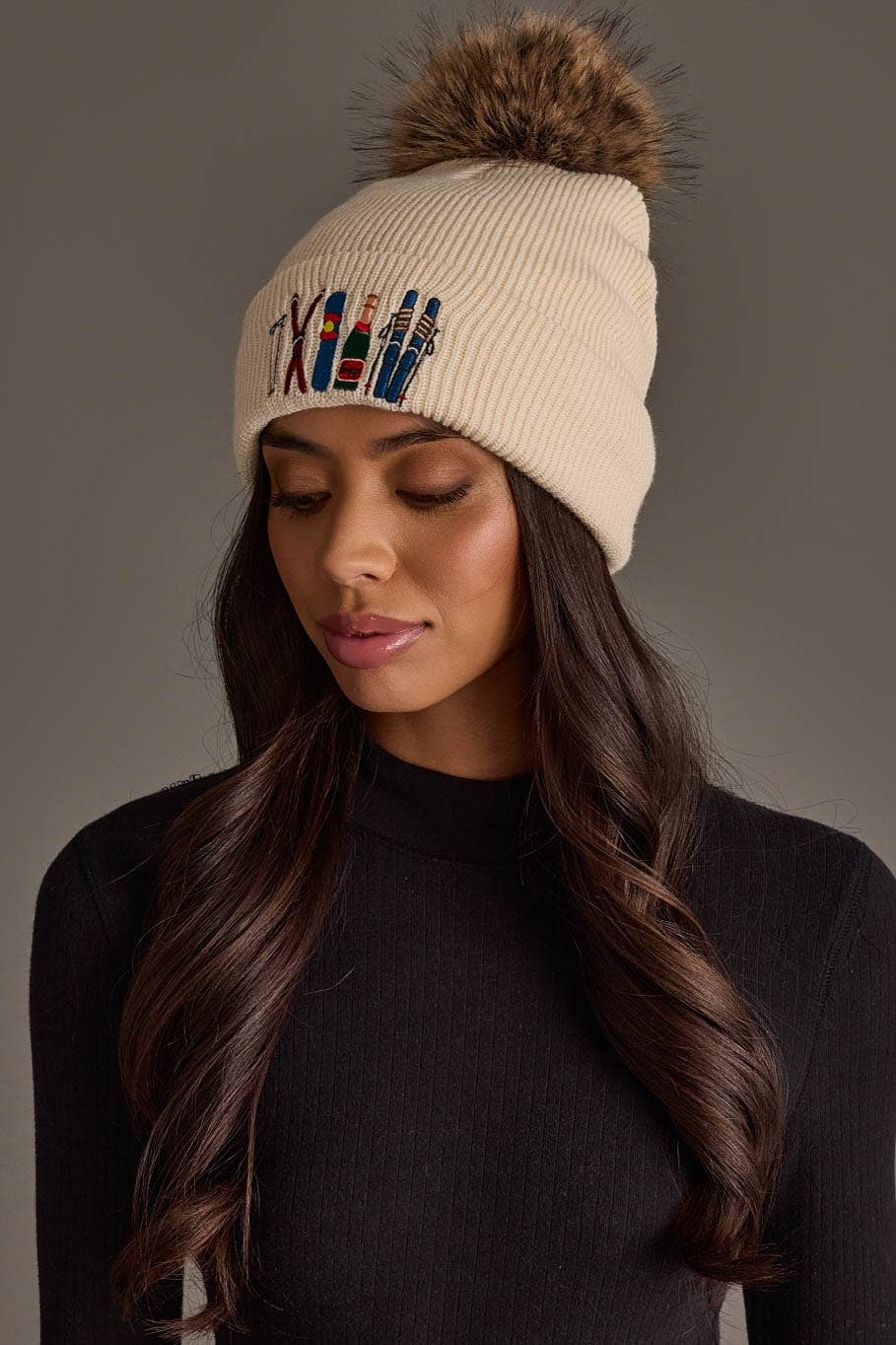 Beige Ski Embroidered Pom Hat