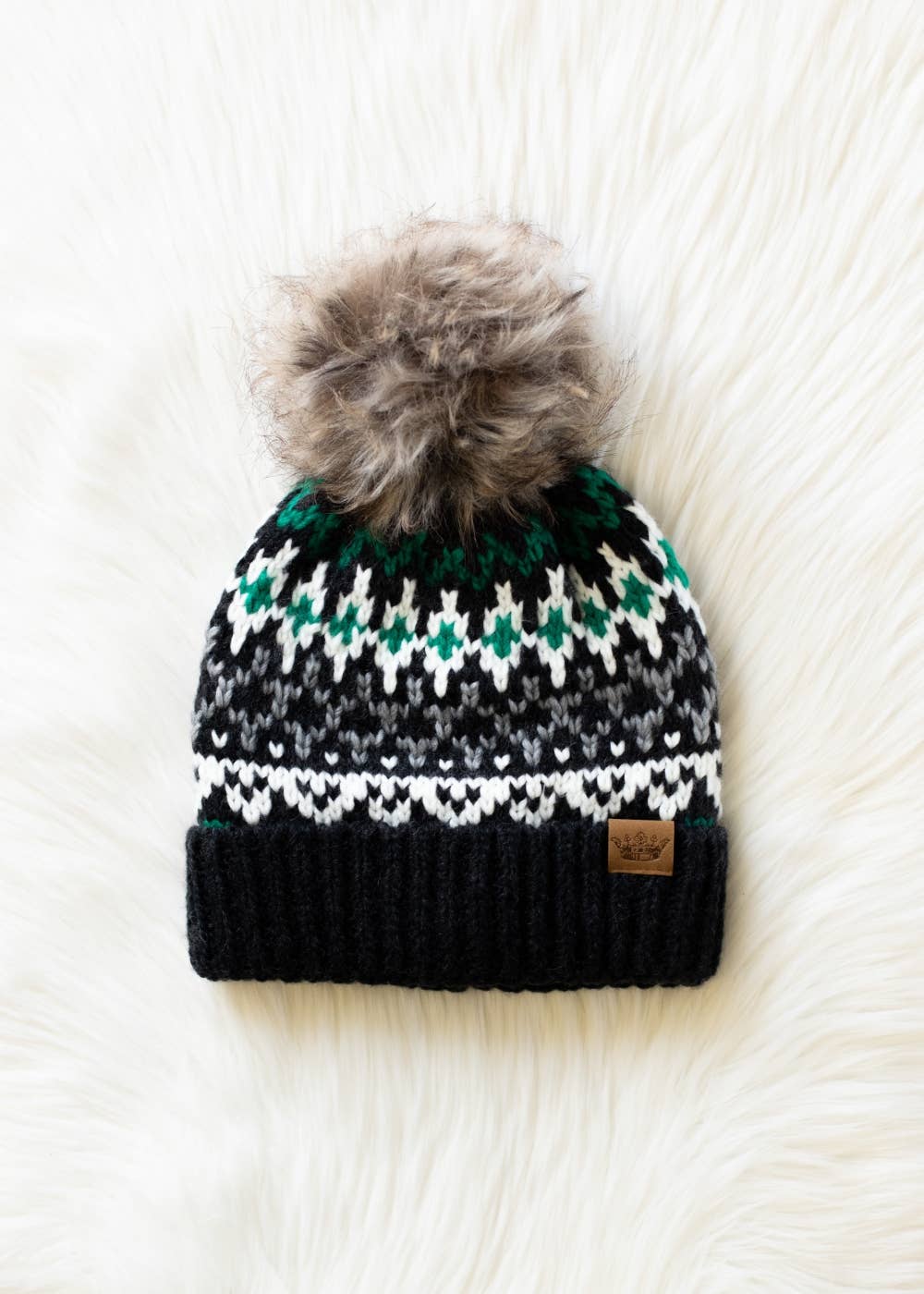 Gray, White & Green Winter Pattern Pom Hat