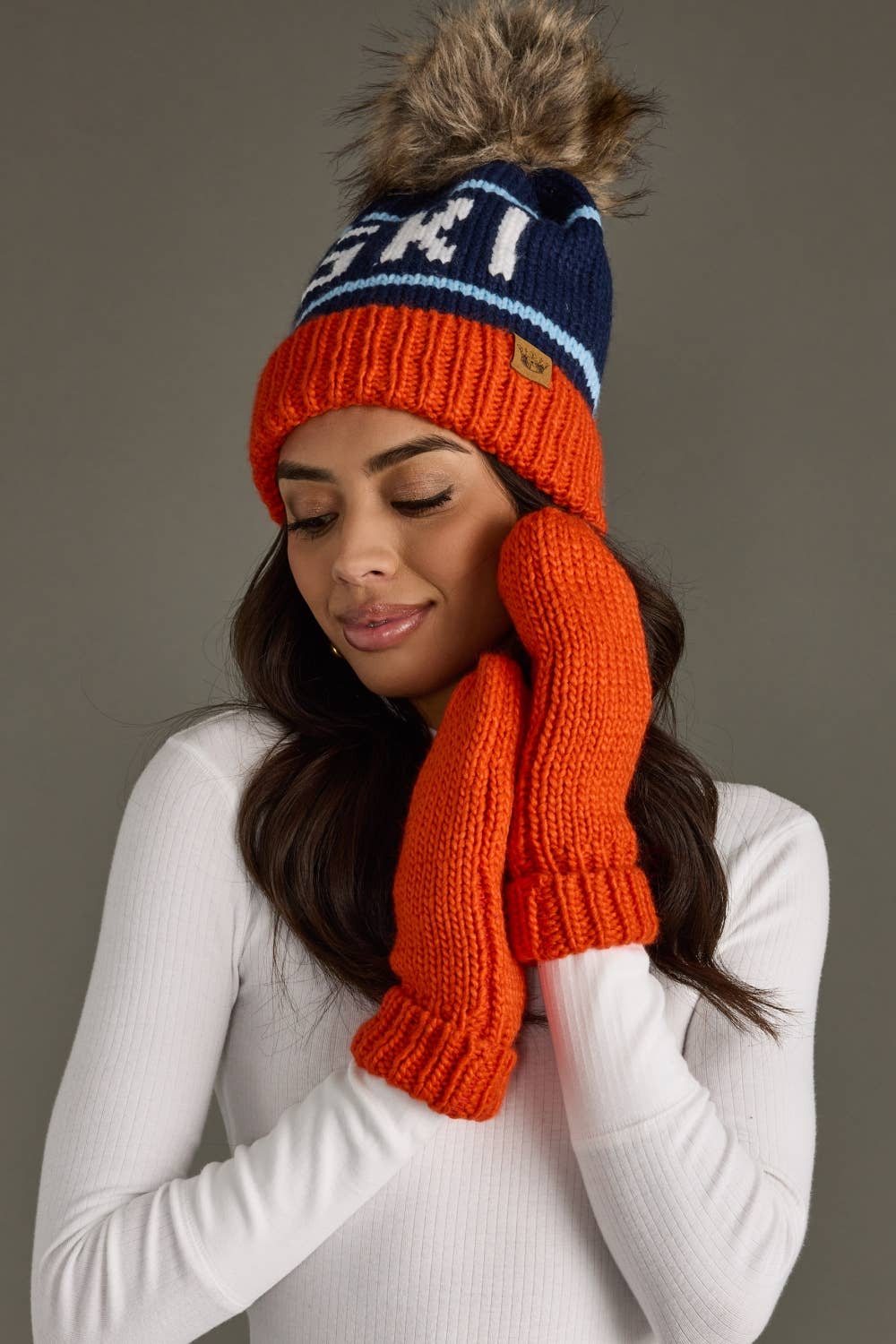 Orange, Navy & Lt. Blue Ski Pom Hat