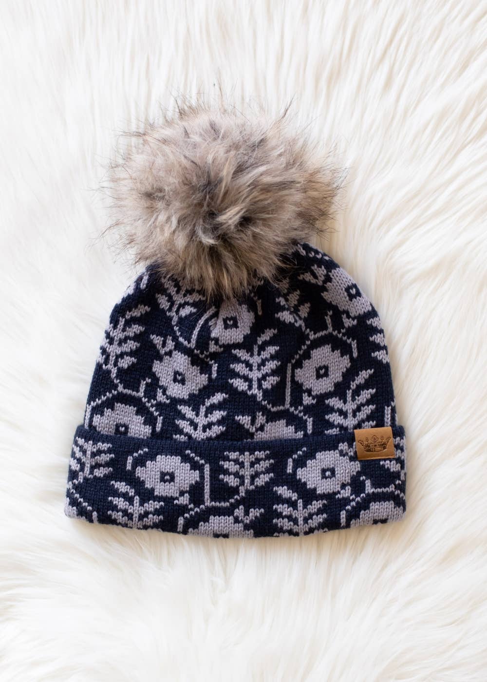 Navy & Gray Floral Pom Hat