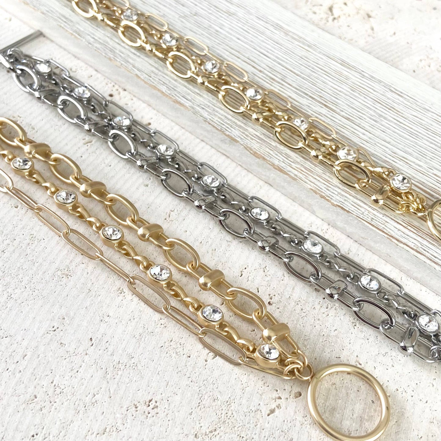 Triple Chain Crystal Bracelet - Matte Gold