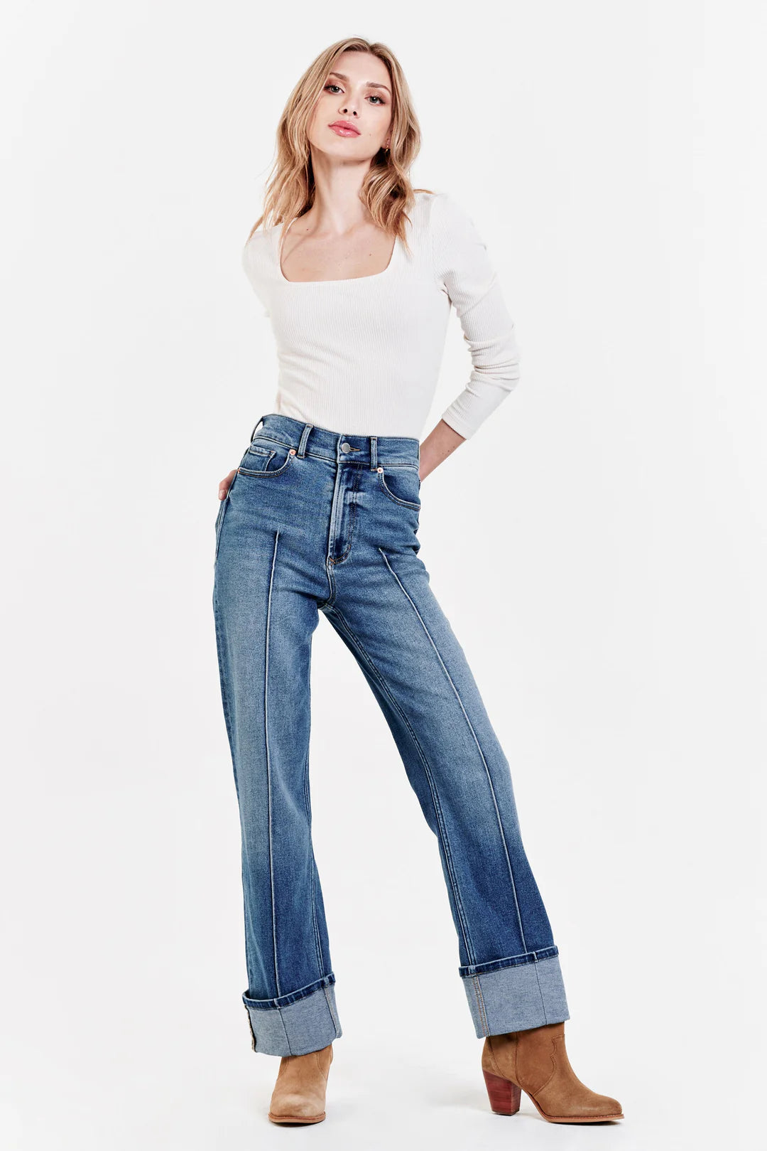 High-Rise Straight-Leg Cuffed Jeans