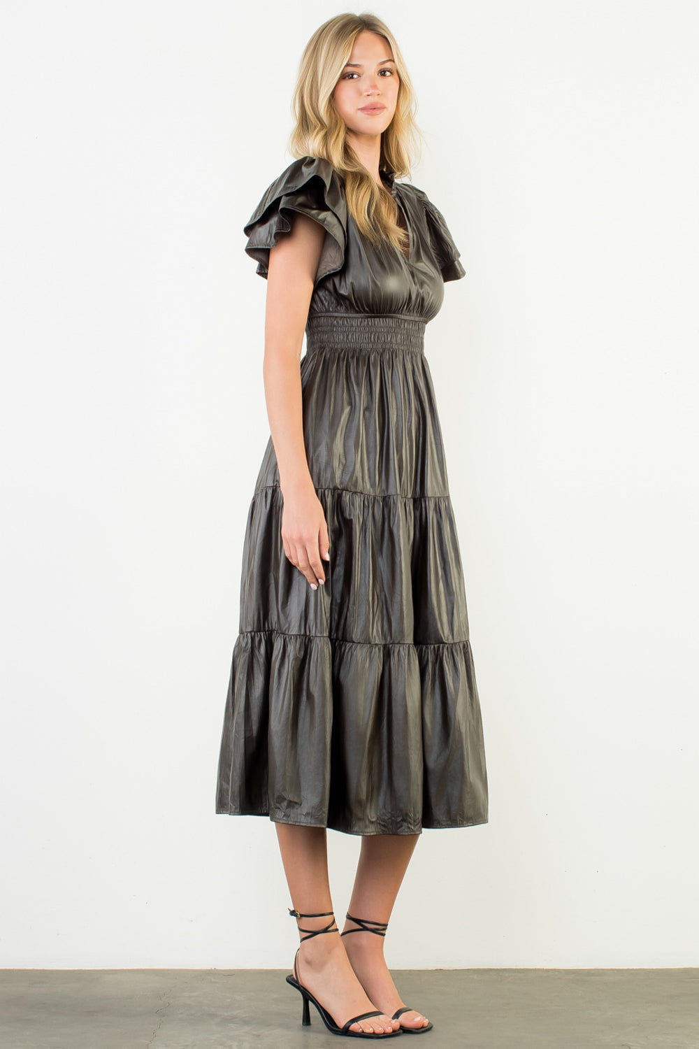 Flutter Sleeve Leather Maxi Dress