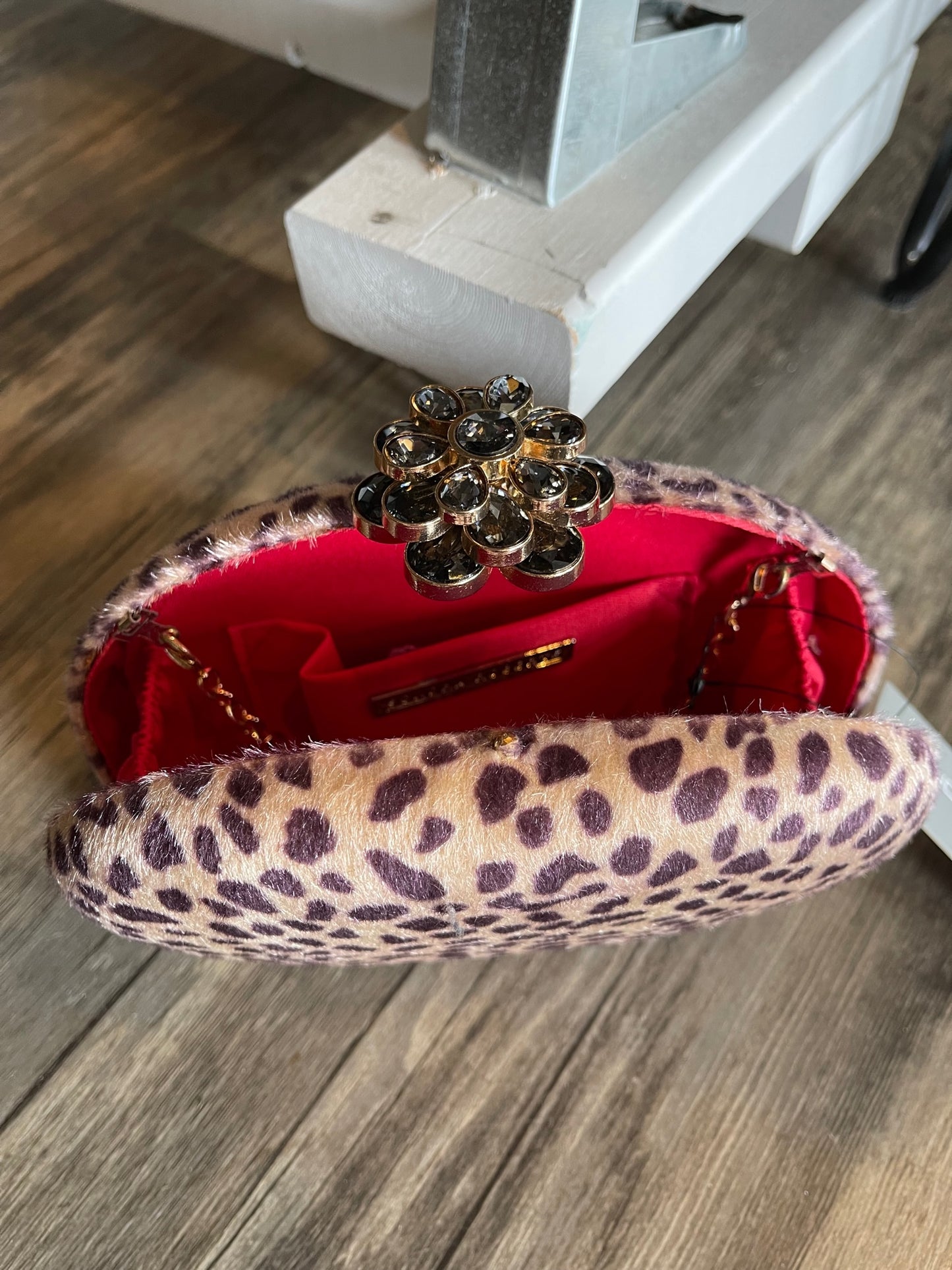 Fur Cheetah Print Flower Clasp Clutch