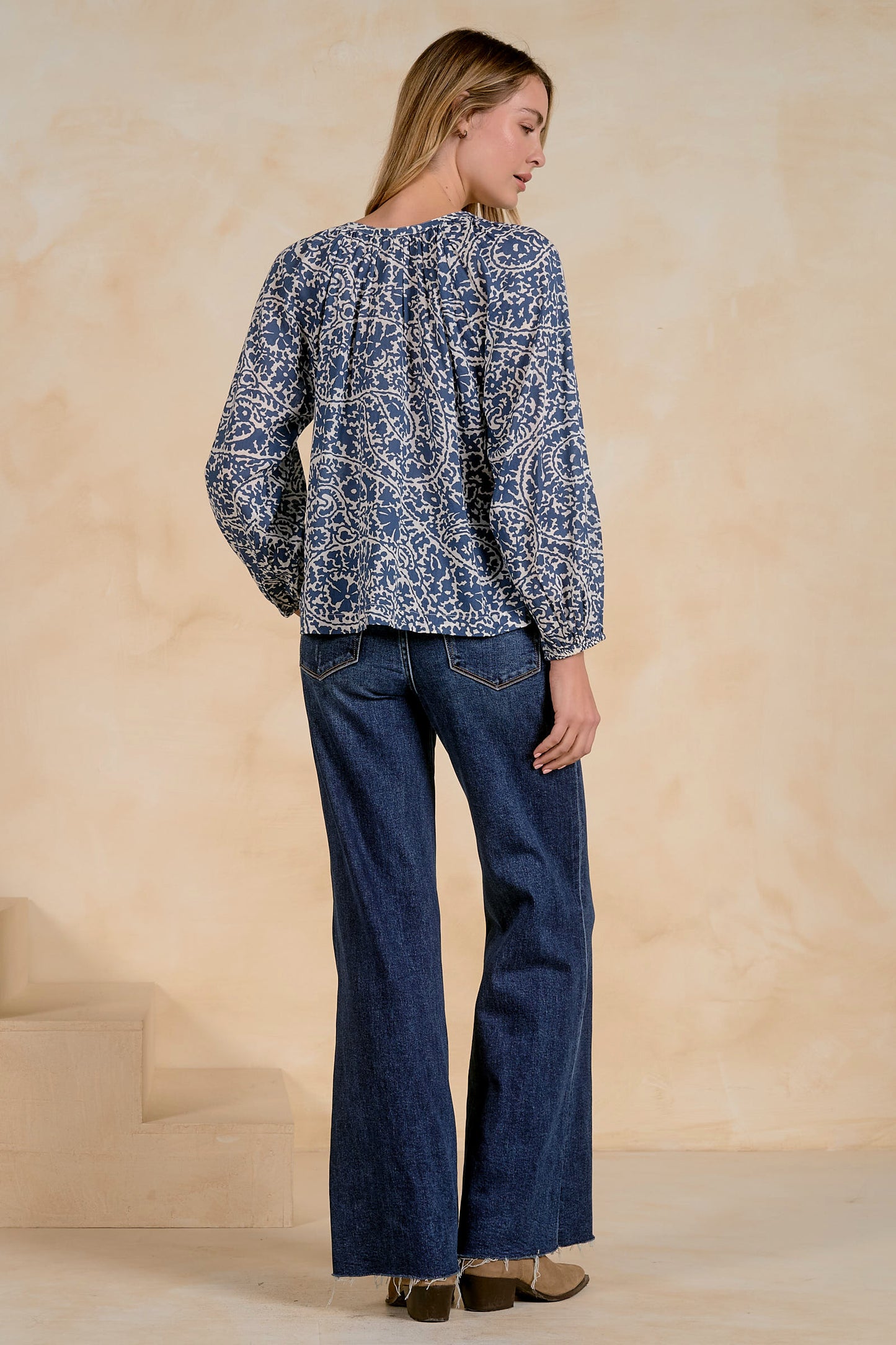 Long Sleeve Button Front V-Neck Top