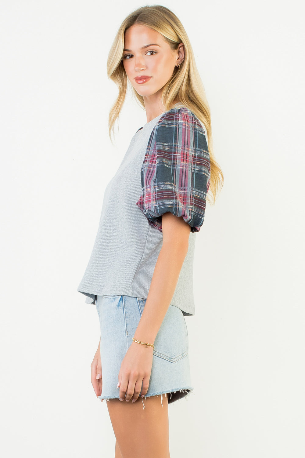 Plaid Puff Sleeve Mixed Media Top