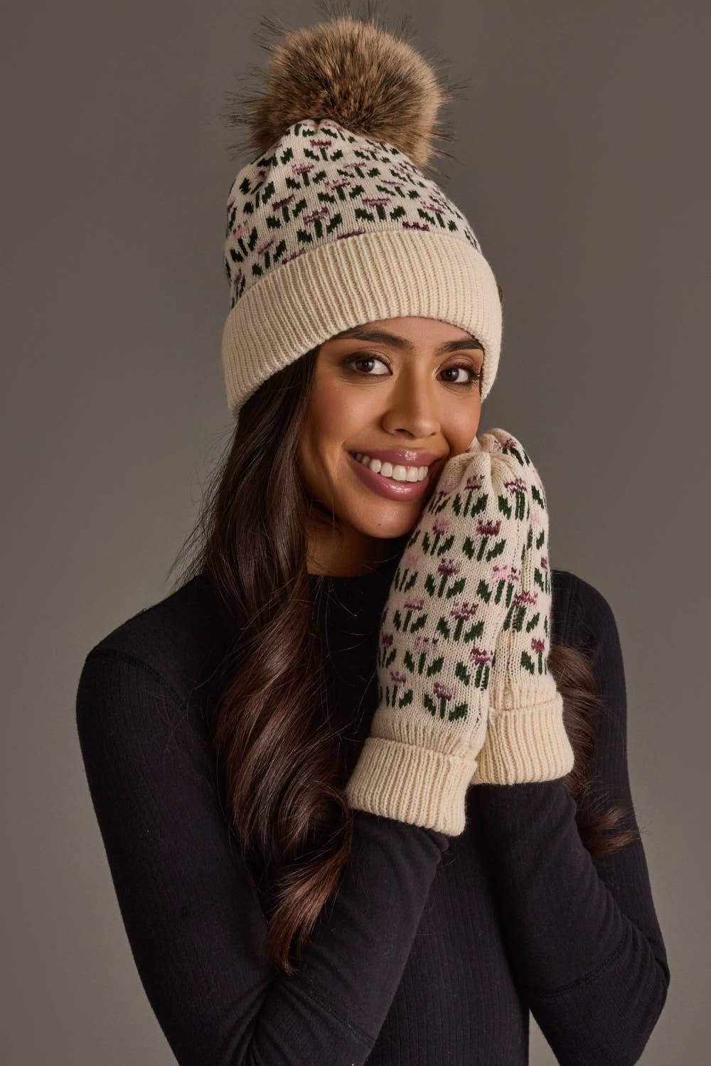 Cream Small Floral Pattern Pom Hat