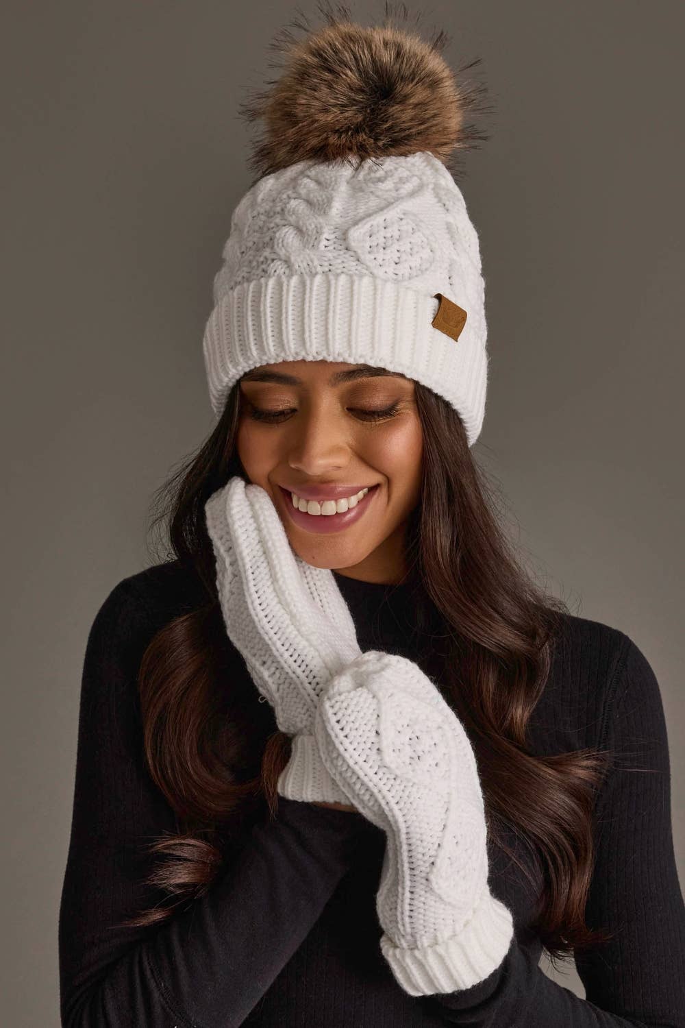 White Cable Knit Mittens