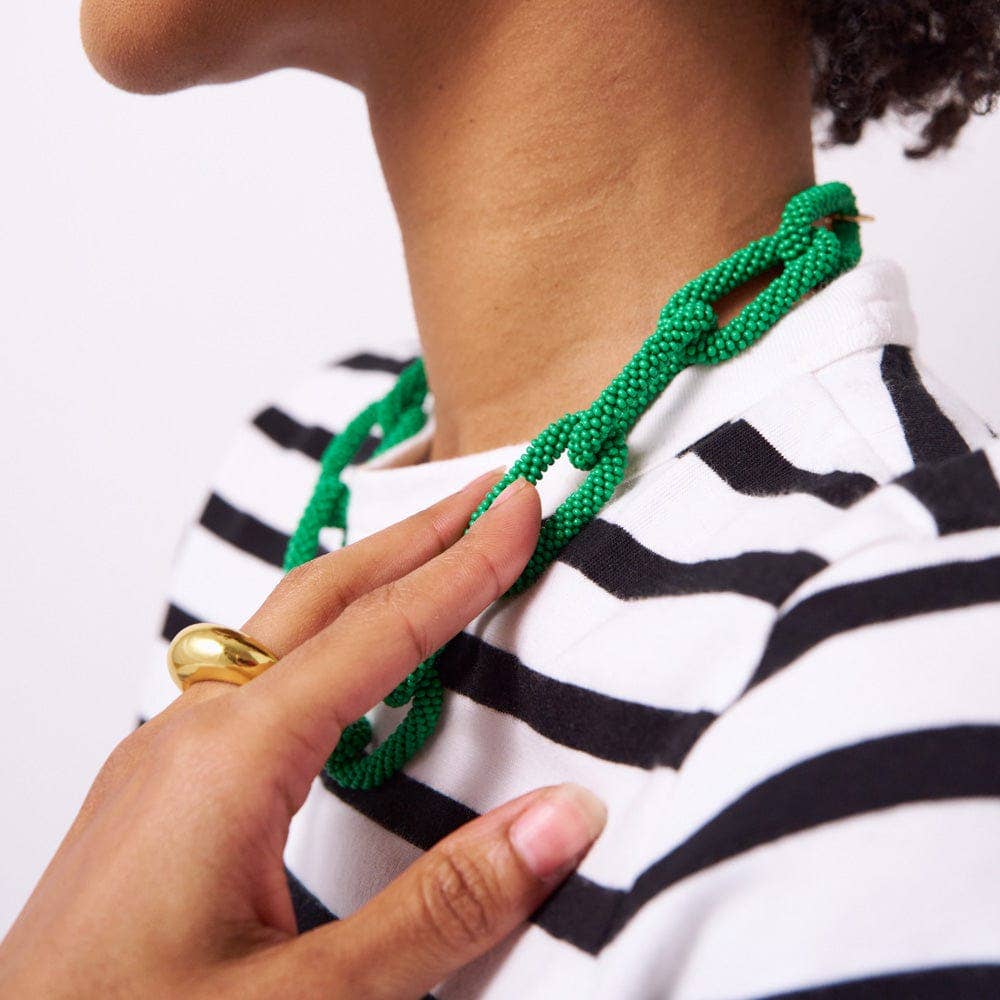 Jenna Chain Link Beaded Necklace - Kelly Green