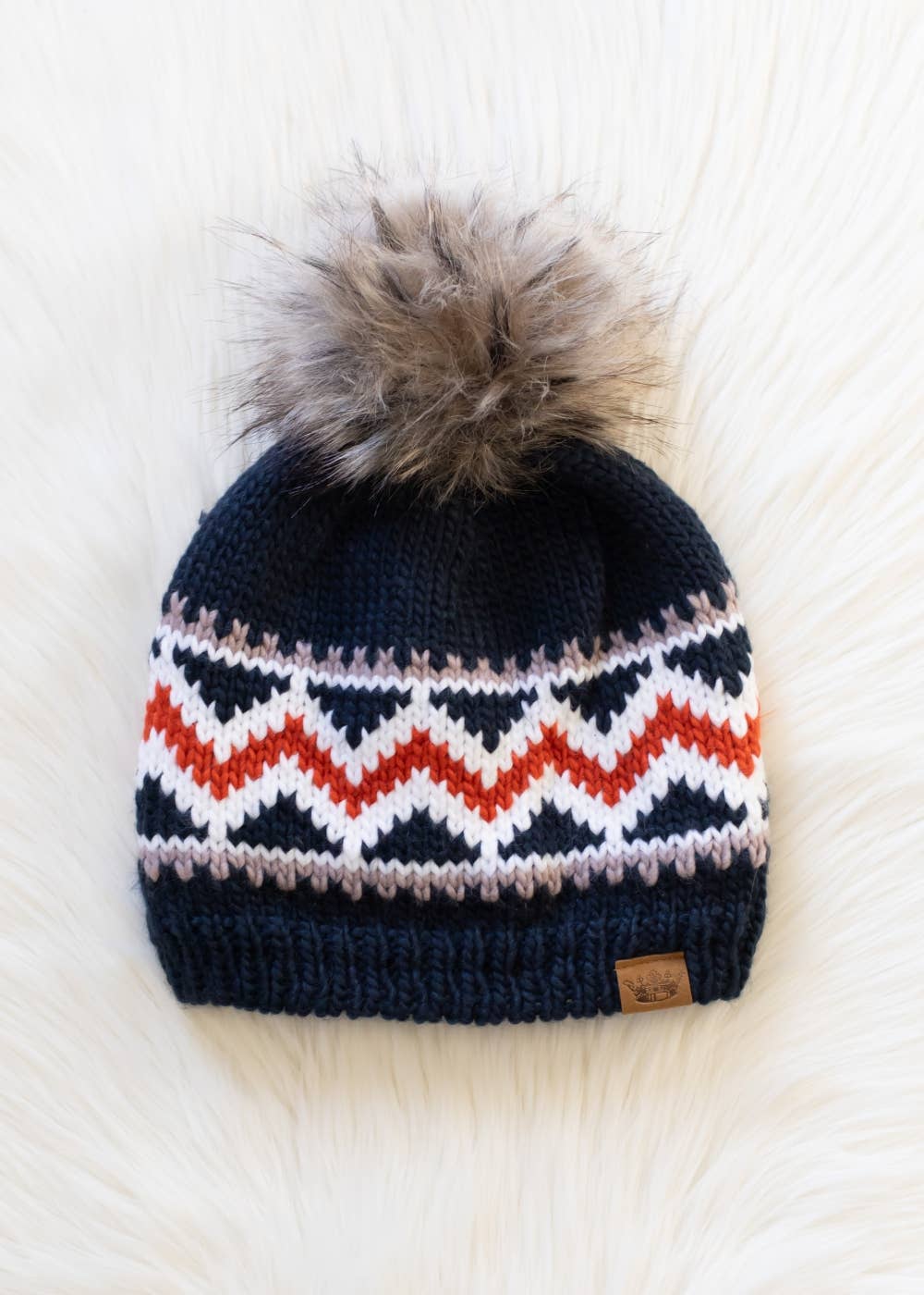 Navy, Red, White & Taupe Pattern Pom Hat