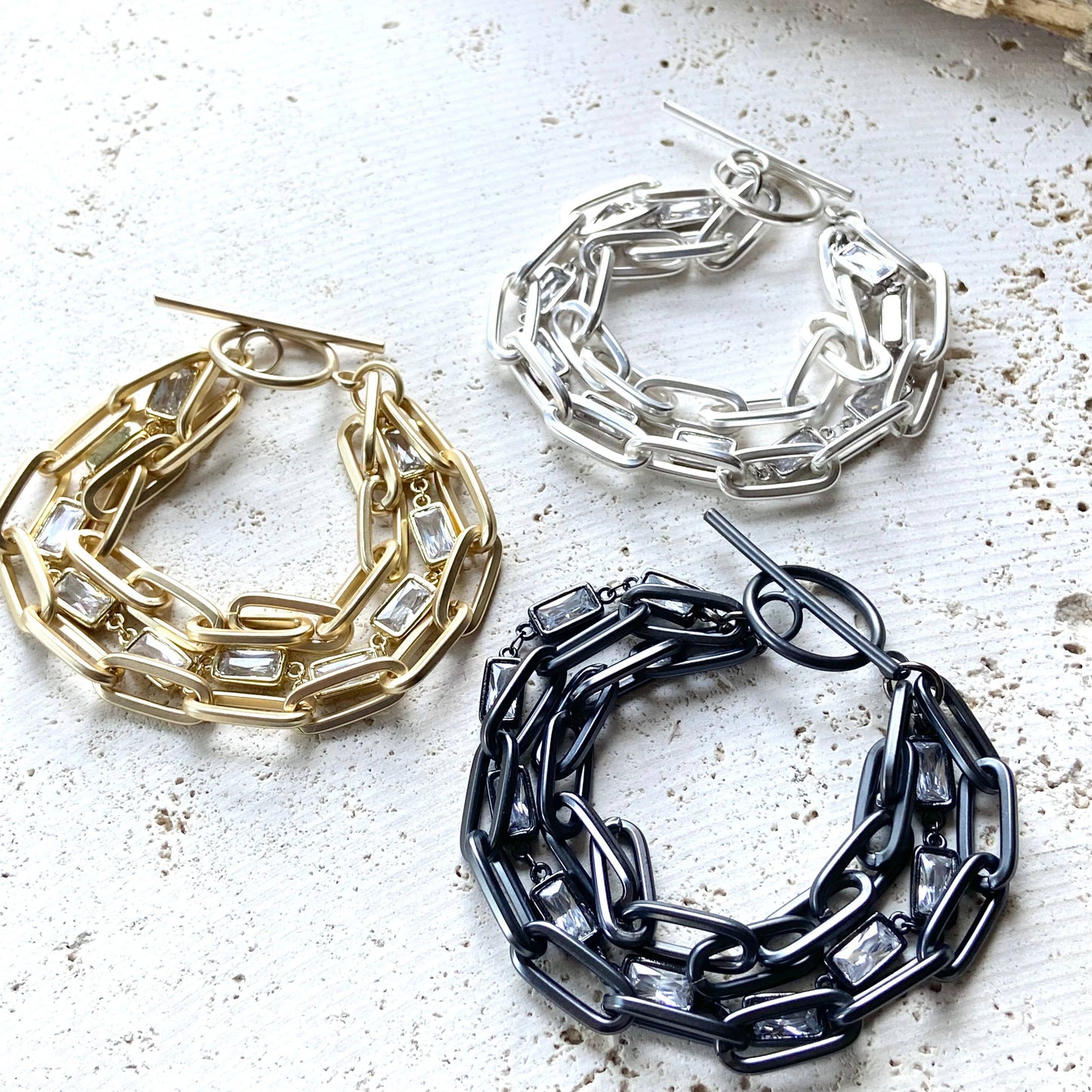 Matte Metal & Crystal Three Strand Bracelet - Silver