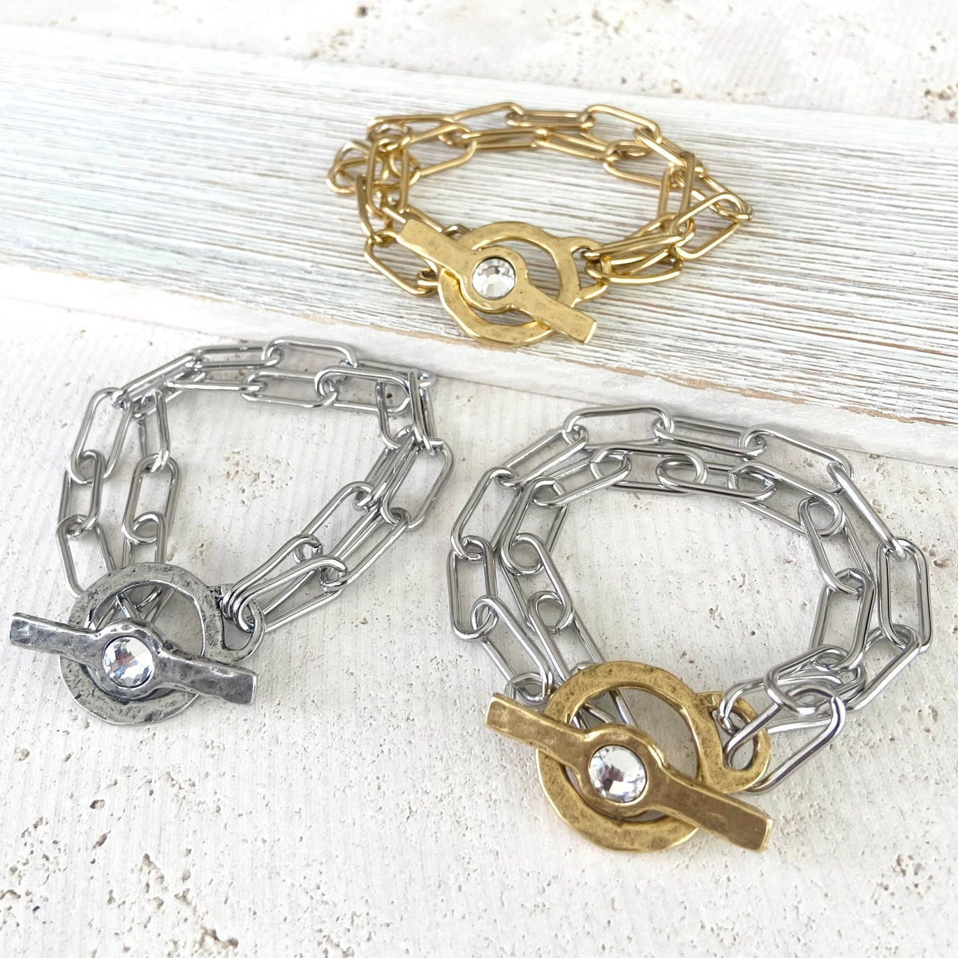 Hand Casted Crystal Toggle Bracelet - Silver