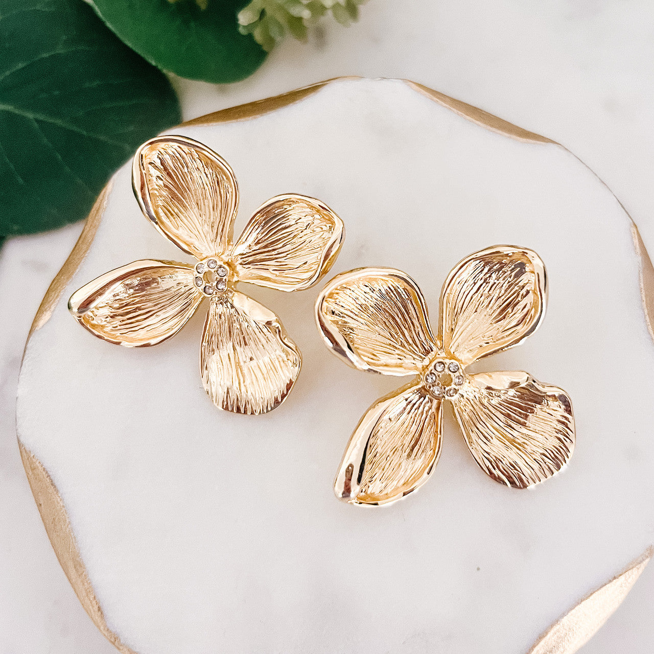 Crystal & Textured Metal Flower Earrings