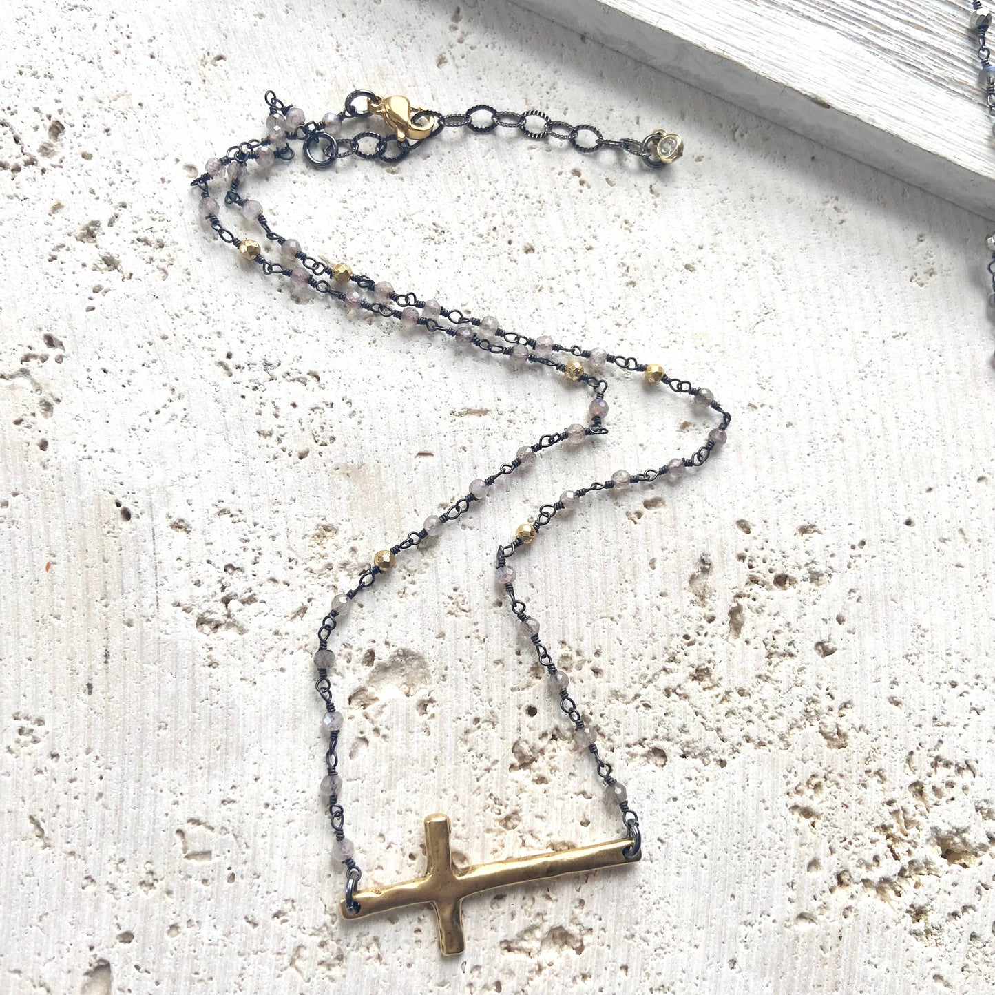 Sideways Cross Pyrite Semi Precious Necklace