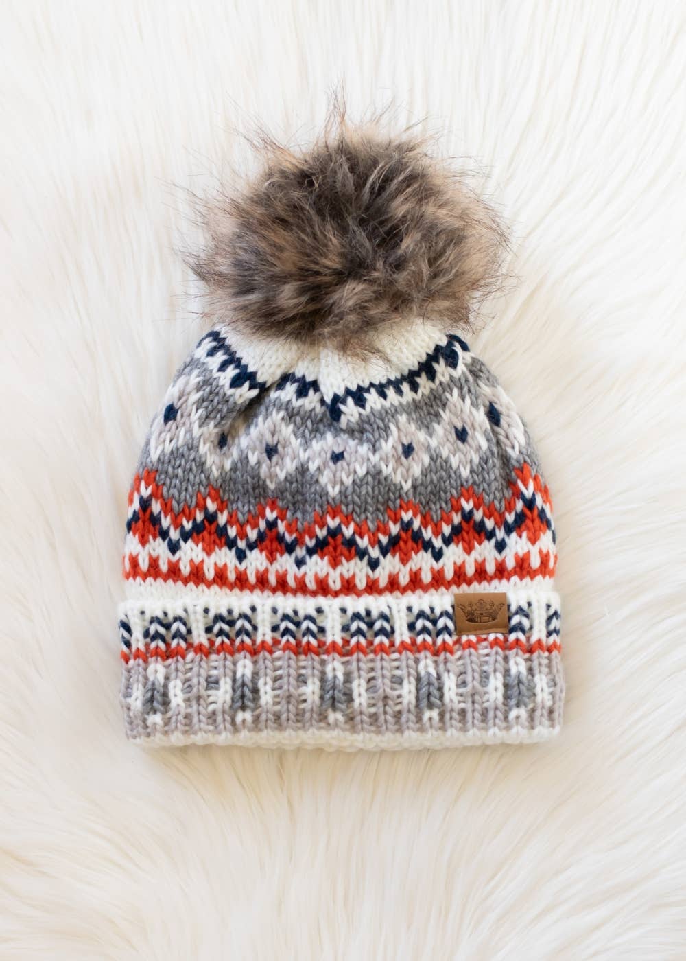 White, Navy & Orange Pattern Pom Hat