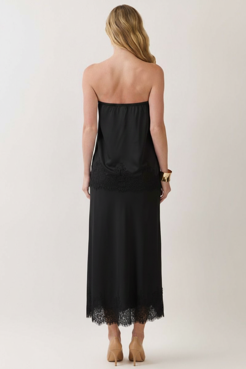 Lace Trim Satin Maxi Skirt