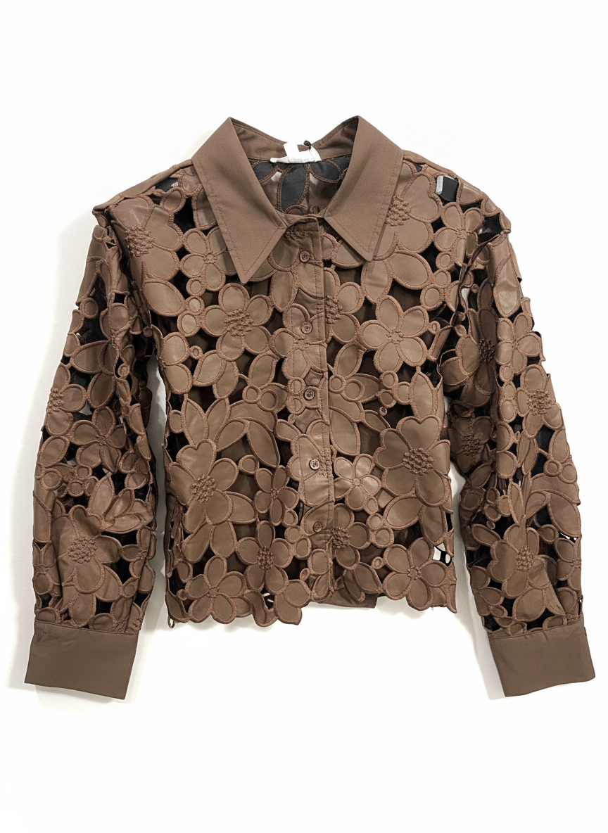 Hollow Out Floral Button Down Top