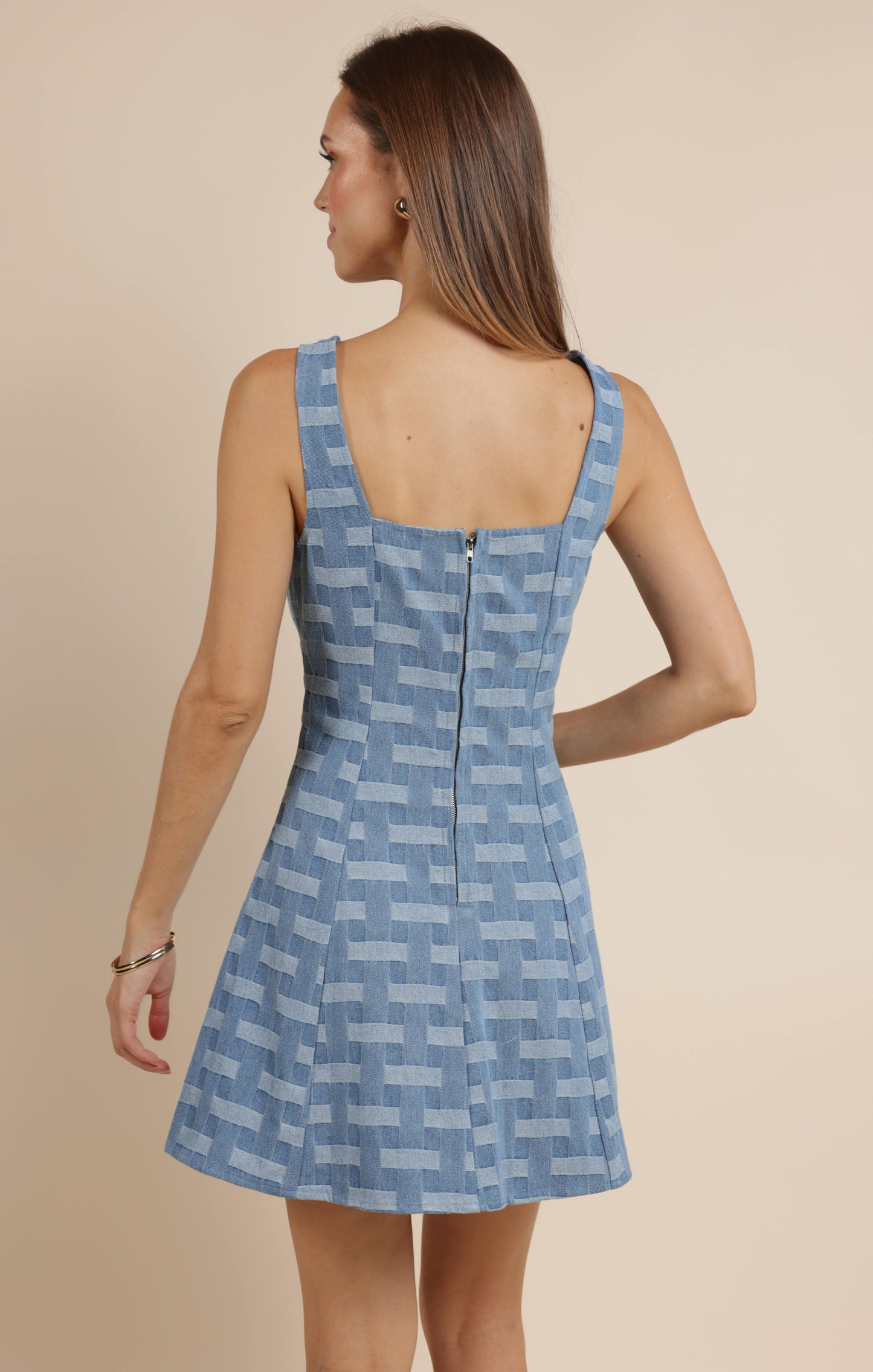 KEEP GOING CROSSHATCHED DENIM MINI DRESS