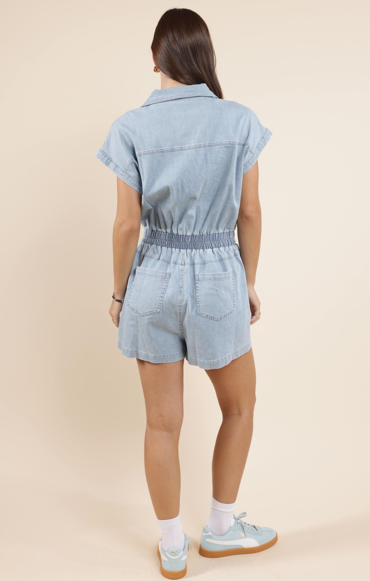 GOOD LUCK STRETCH DENIM ROMPER