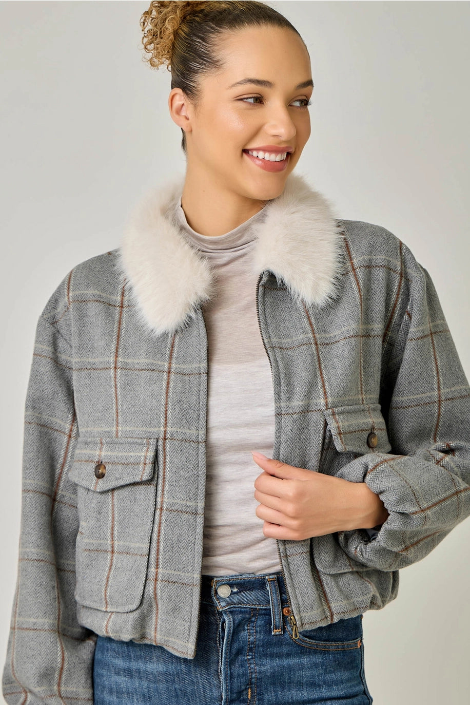 Fur Collared Plaid Bubble Hem Jacket