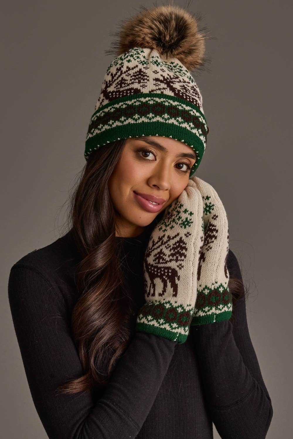 Cream Deer Winter Pattern Pom Hat
