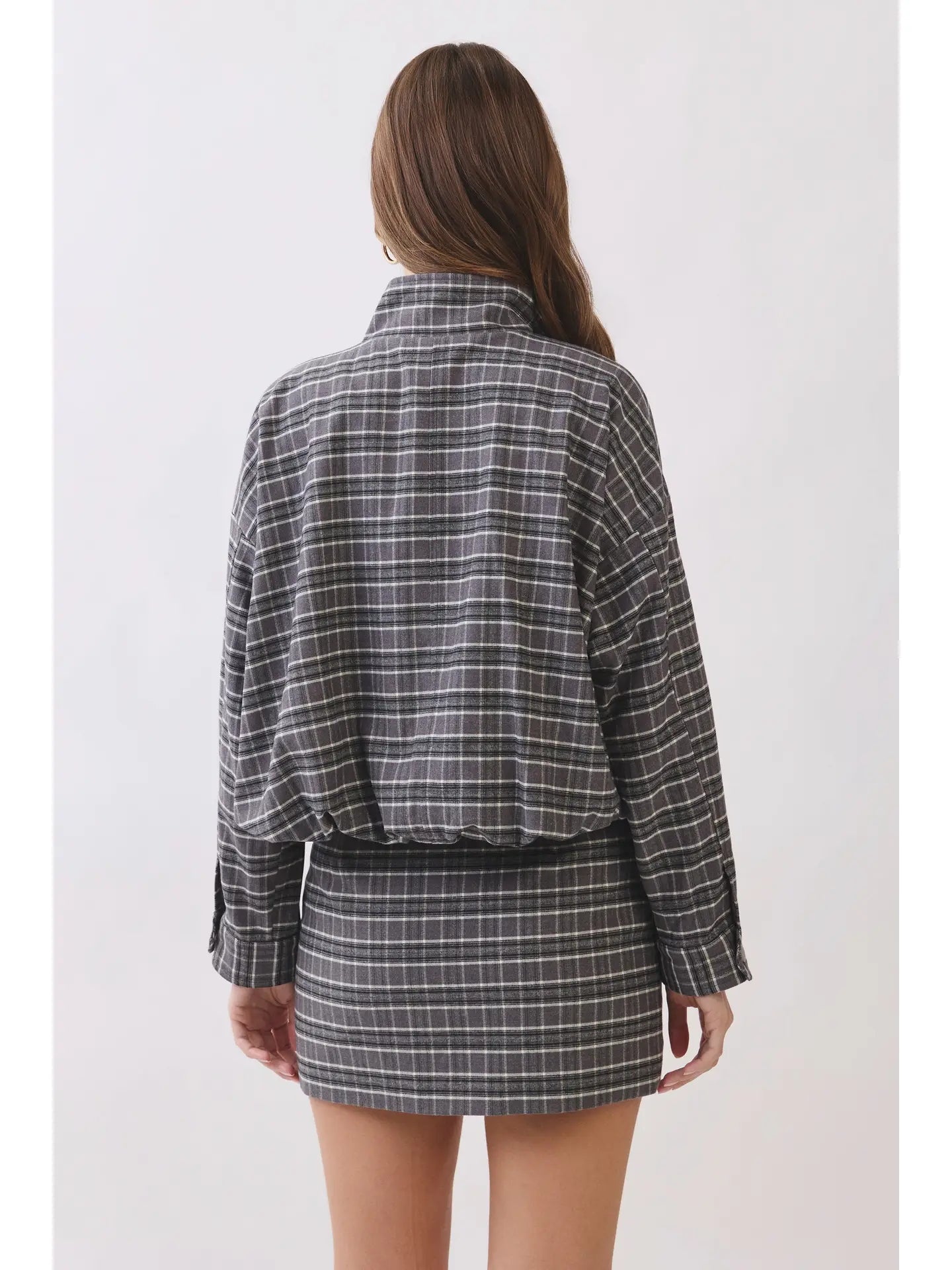 Plaid Zip & Button Closure Bomber Jacket