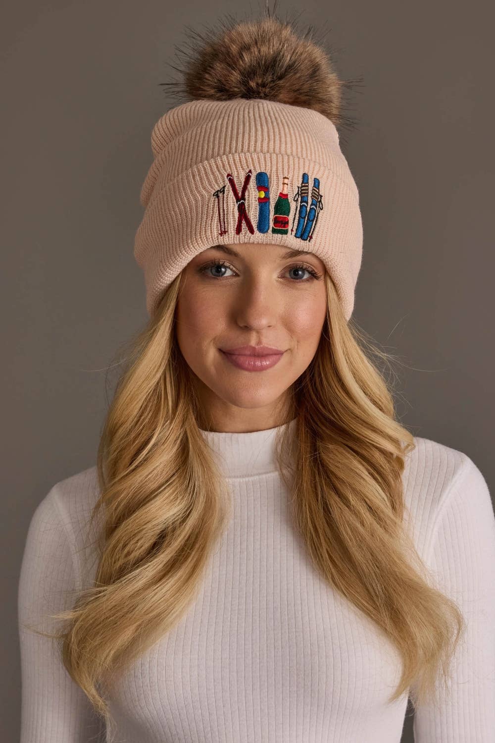 Blush Ski Embroidered Pom Hat