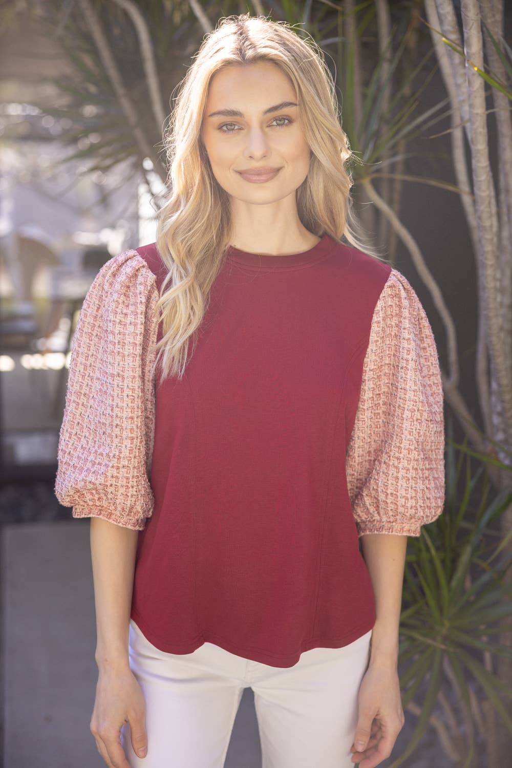 TWEED PUFF SLEEVE KNIT TOP