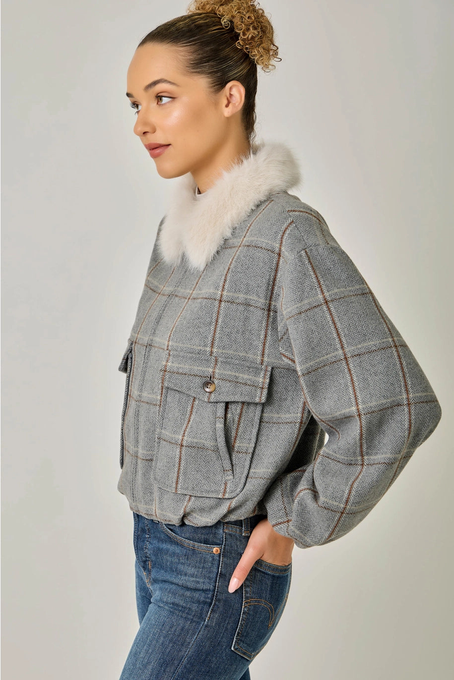 Fur Collared Plaid Bubble Hem Jacket