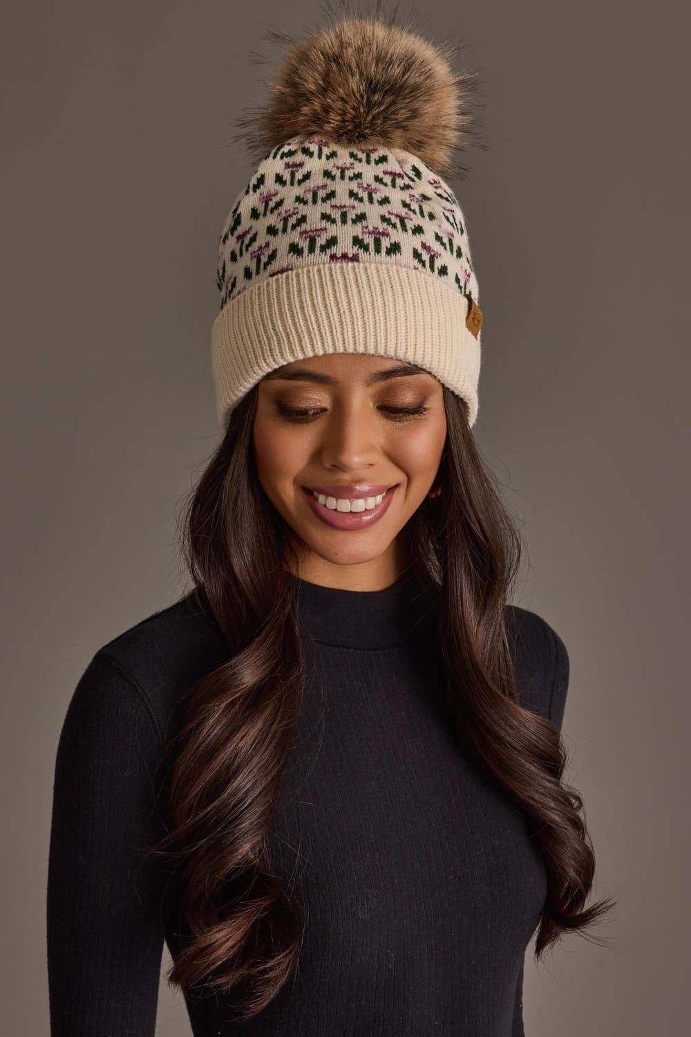 Cream Small Floral Pattern Pom Hat