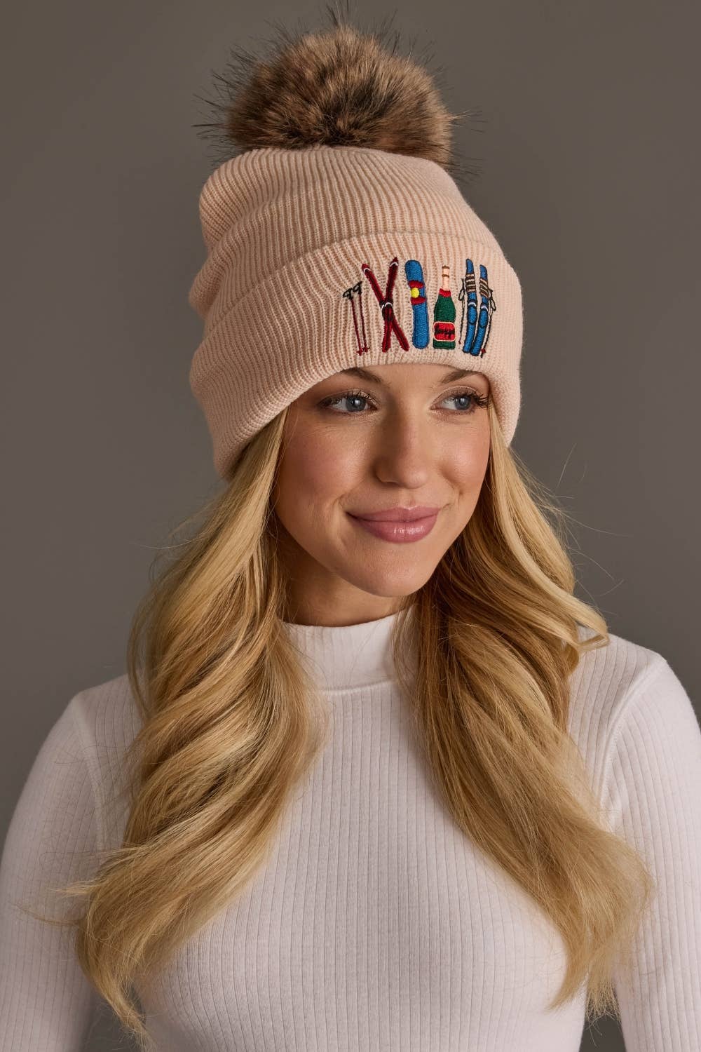 Blush Ski Embroidered Pom Hat