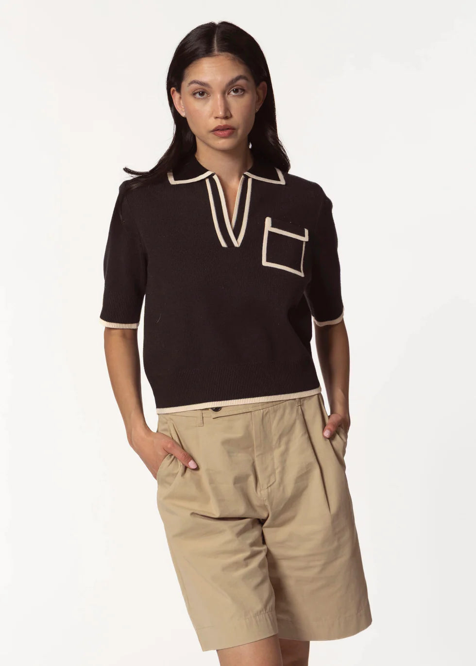 Short Sleeve Collared Knit Top