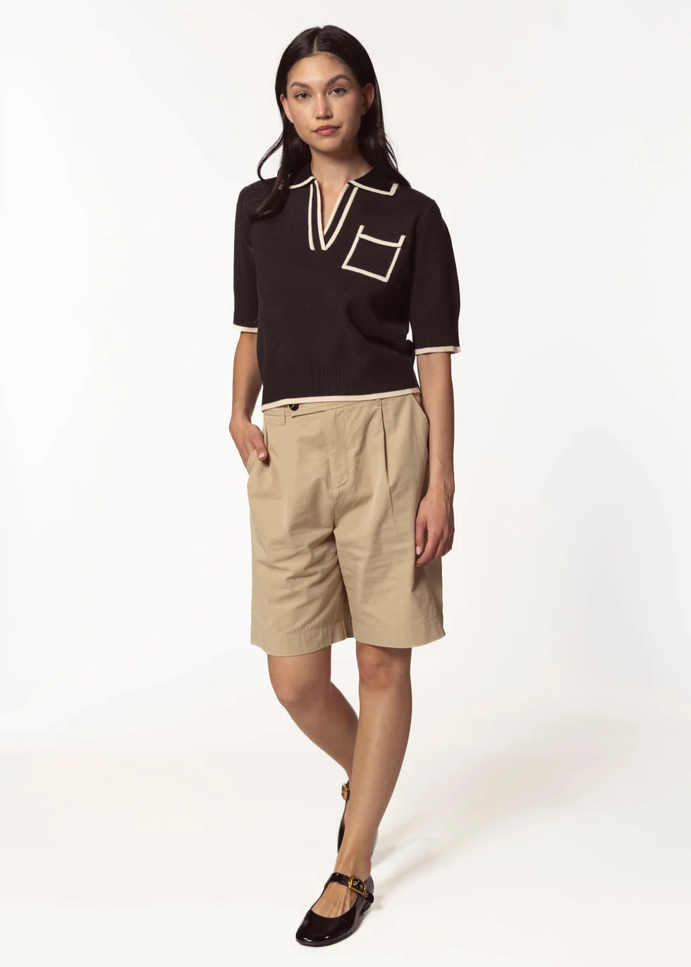 Short Sleeve Collared Knit Top