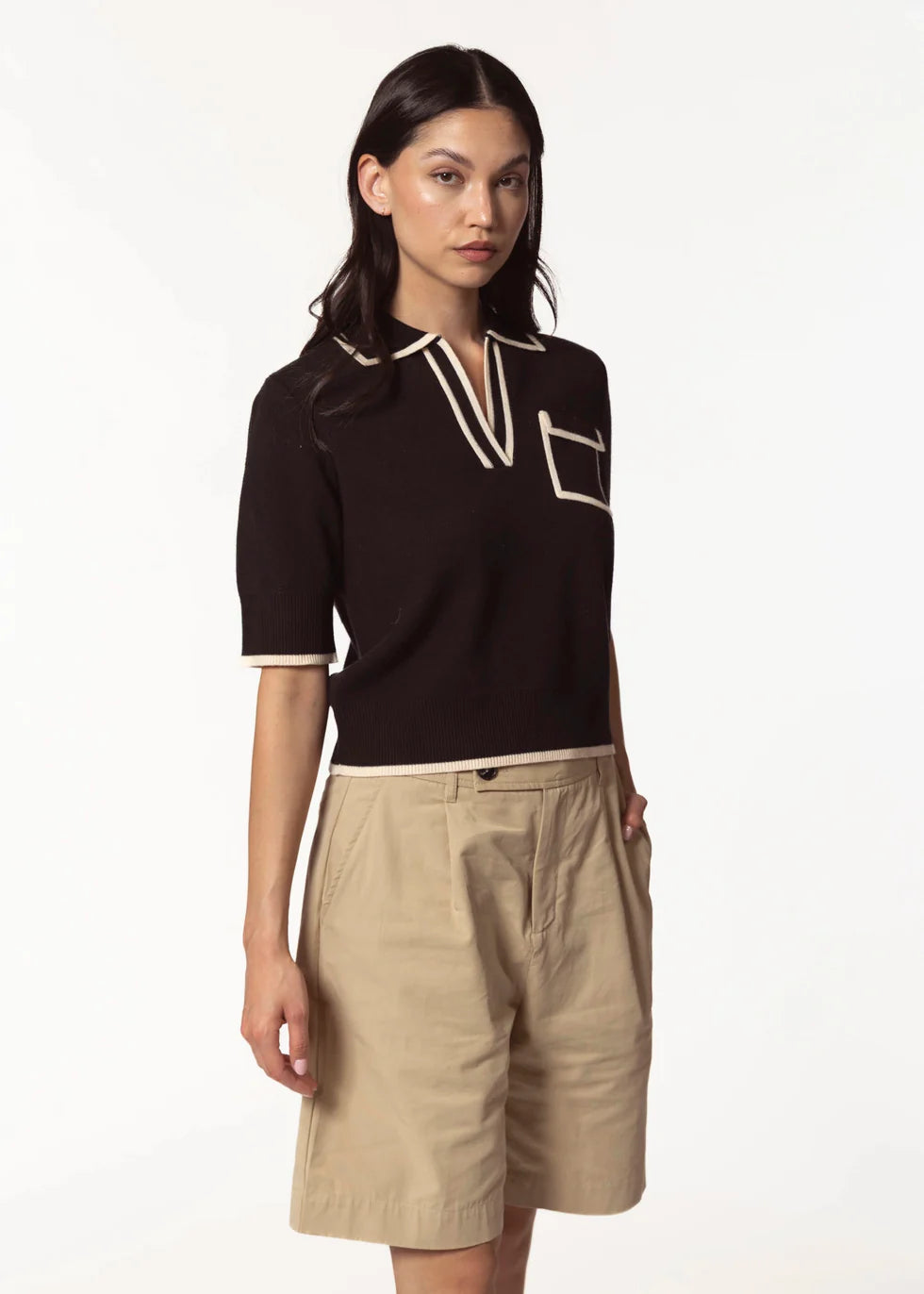 Short Sleeve Collared Knit Top