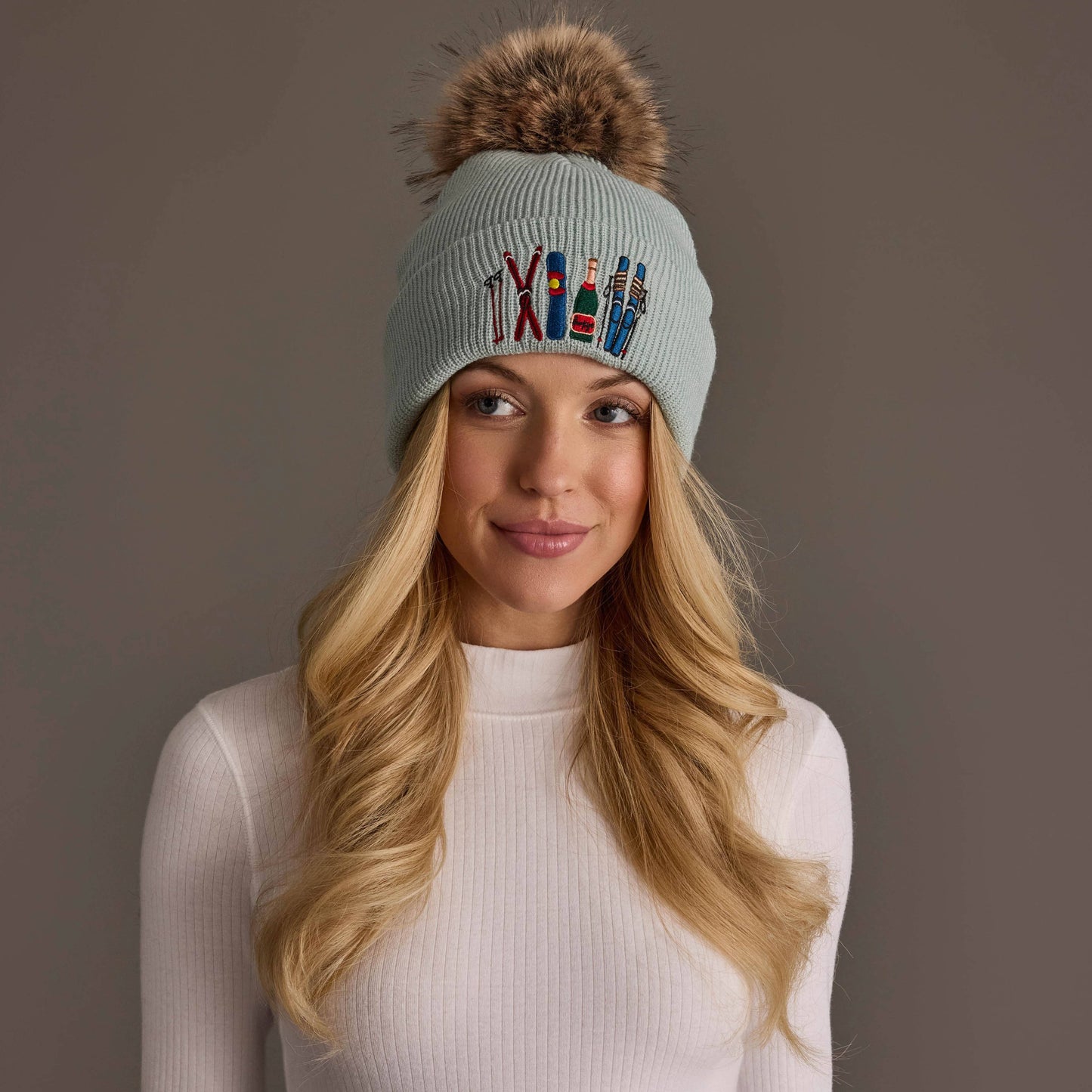 Lt. Blue Ski Embroidered Pom Hat
