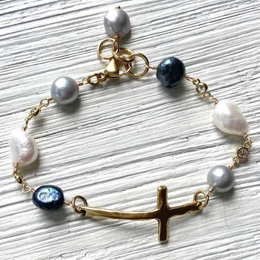 Denim Pearl & Hand Casted Cross Bracelet
