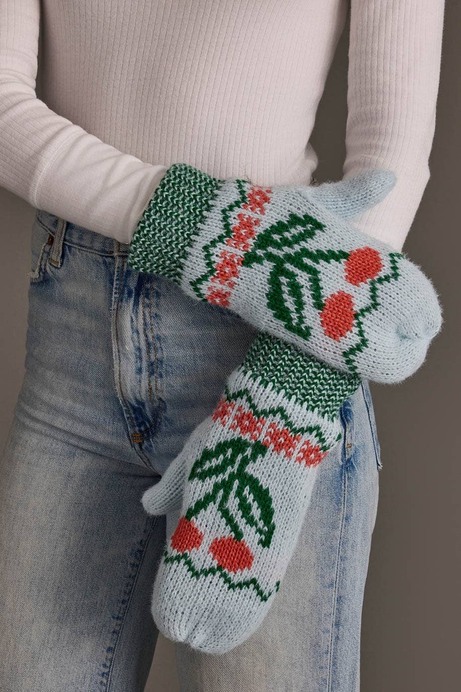 Lt. Blue Cherry Pattern Mittens