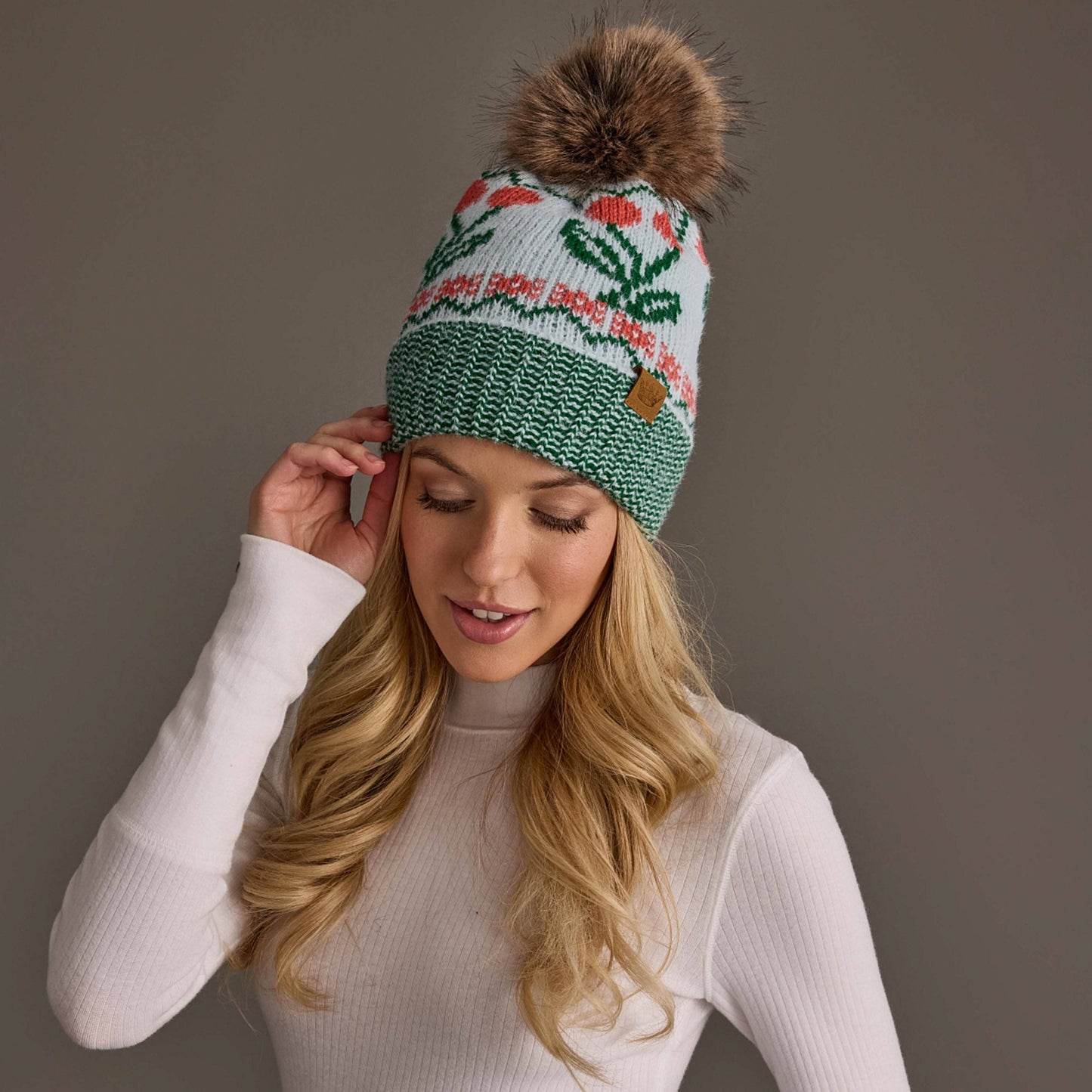 Lt. Blue Cherry Pattern Pom Hat