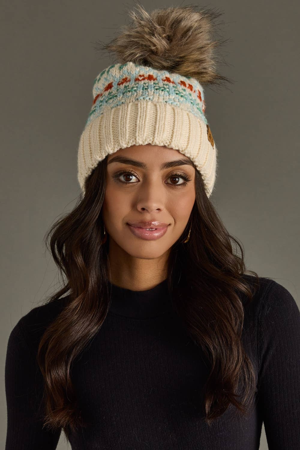 Ivory, Lt. Blue, Mint & Orange Pattern Pom Hat