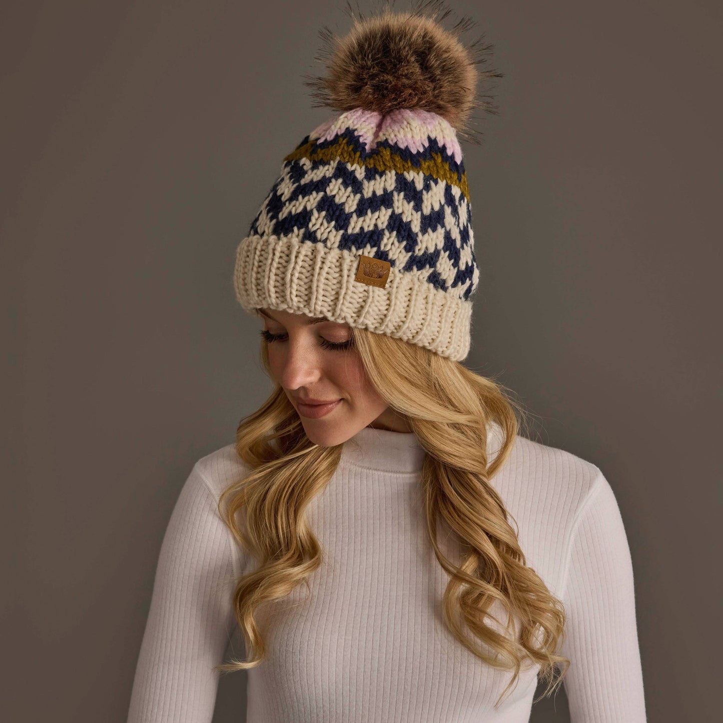 Beige, Navy & Lt. Pink Patterned Pom Hat